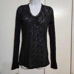 Womens Medium Cruel Girl Black Rivet Stud Collar Sheer Burnout Long Sleeve Top